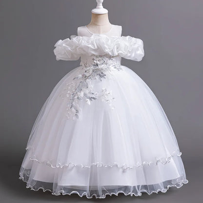 New Elegant Girl Party Dress Long Wedding Bridesmaid Dress 4-13 Year Old Mesh Embroidered Graduation Ball Evening Dress