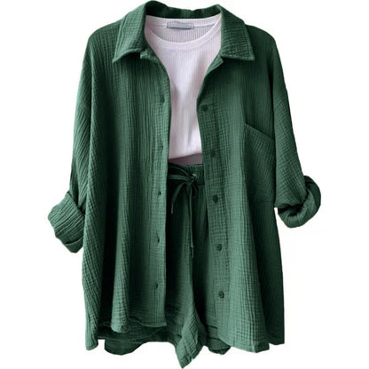 Women's Short Sets 2 Pcs Sale Grass Green Loose Button Cardigan Blouse Coats & Drawstring Wide Leg Loose Short Pant Suits