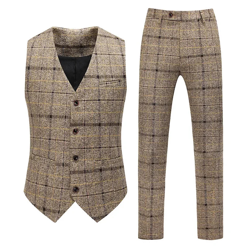 Traje De Hombre Elegante (Blazer+ Vest + Pants) Men's Fashion Business Gentleman Wedding Casual Plaid Cotton Linen British Suit