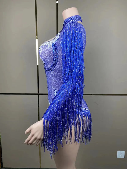 Stage Latin dance cha-cha dance practice suit stretch slim skirt fringe flash small diamond pearl design suit