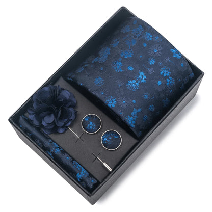 Top Grade Fashion 8 cm Wide Tie Sets Blue Stripe Men's Gravata Handkerchief Cufflink Box Fit Group Workplace Wedding Tie