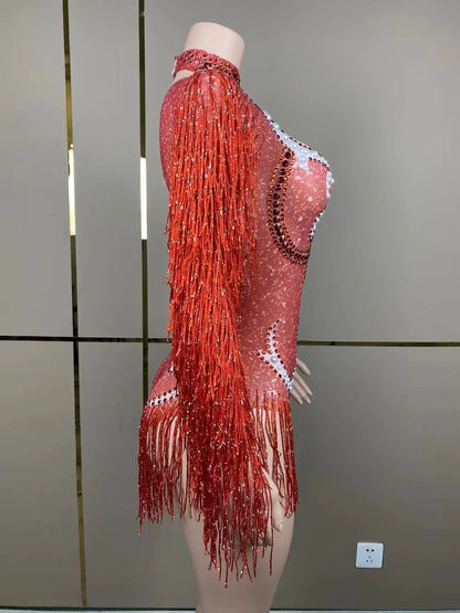 Stage Latin dance cha-cha dance practice suit stretch slim skirt fringe flash small diamond pearl design suit