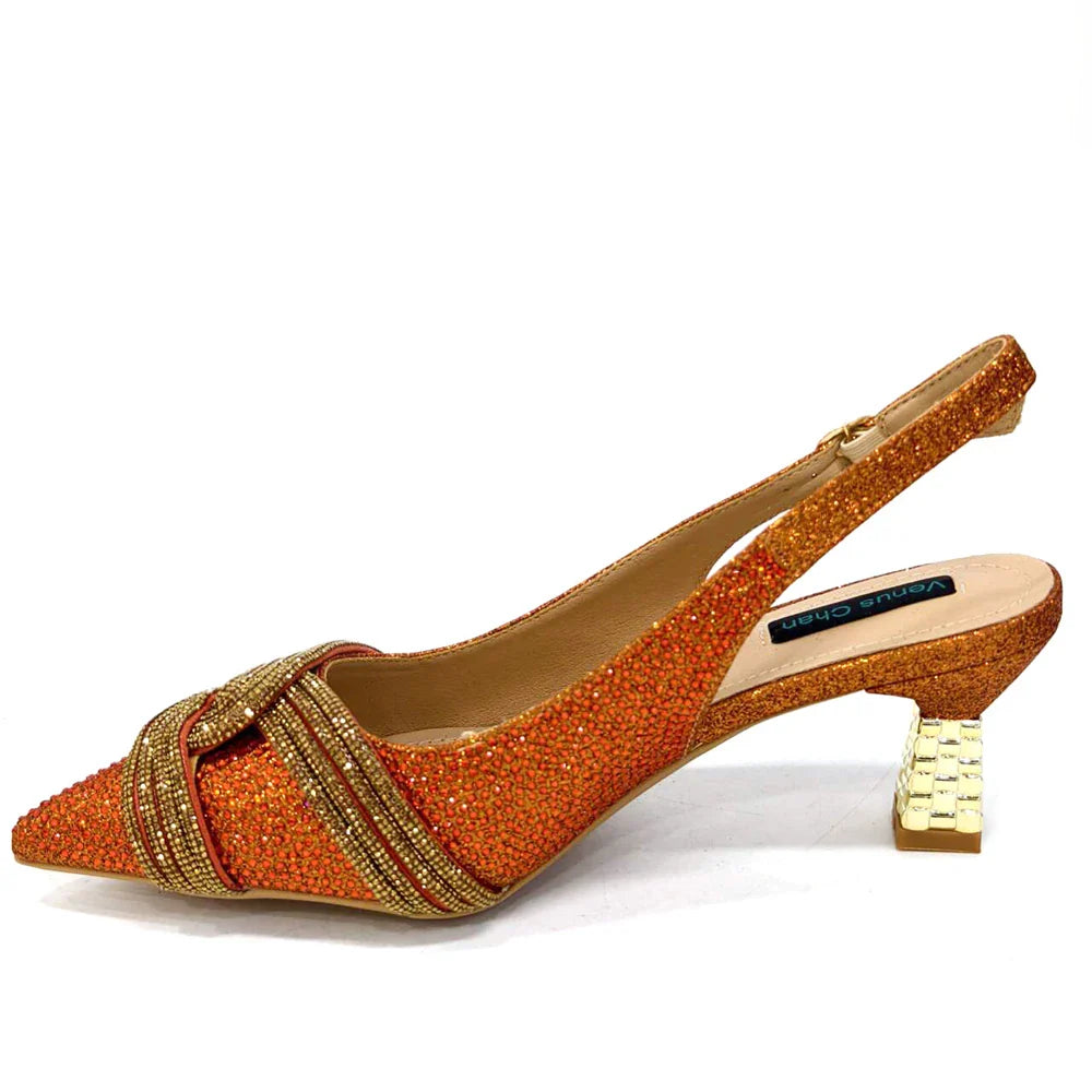 Venus Chan 2024 Special Design High Quality Orange Color African Women Shoes and Bag Set with Shinning Crystal for Wedding Party