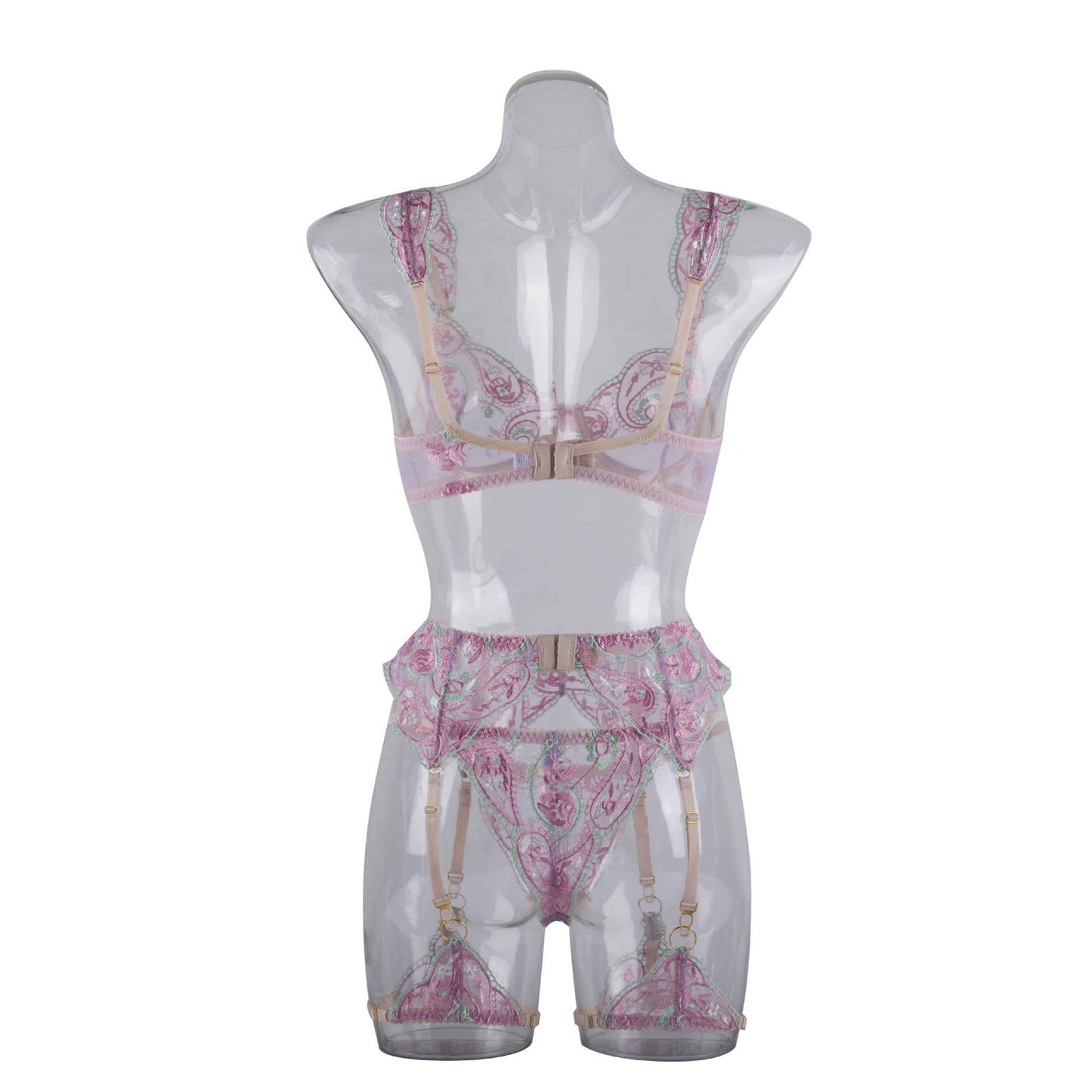 Sheer Mesh Sexy Lingerie Bra Set with Embroidered Flowers Back Show