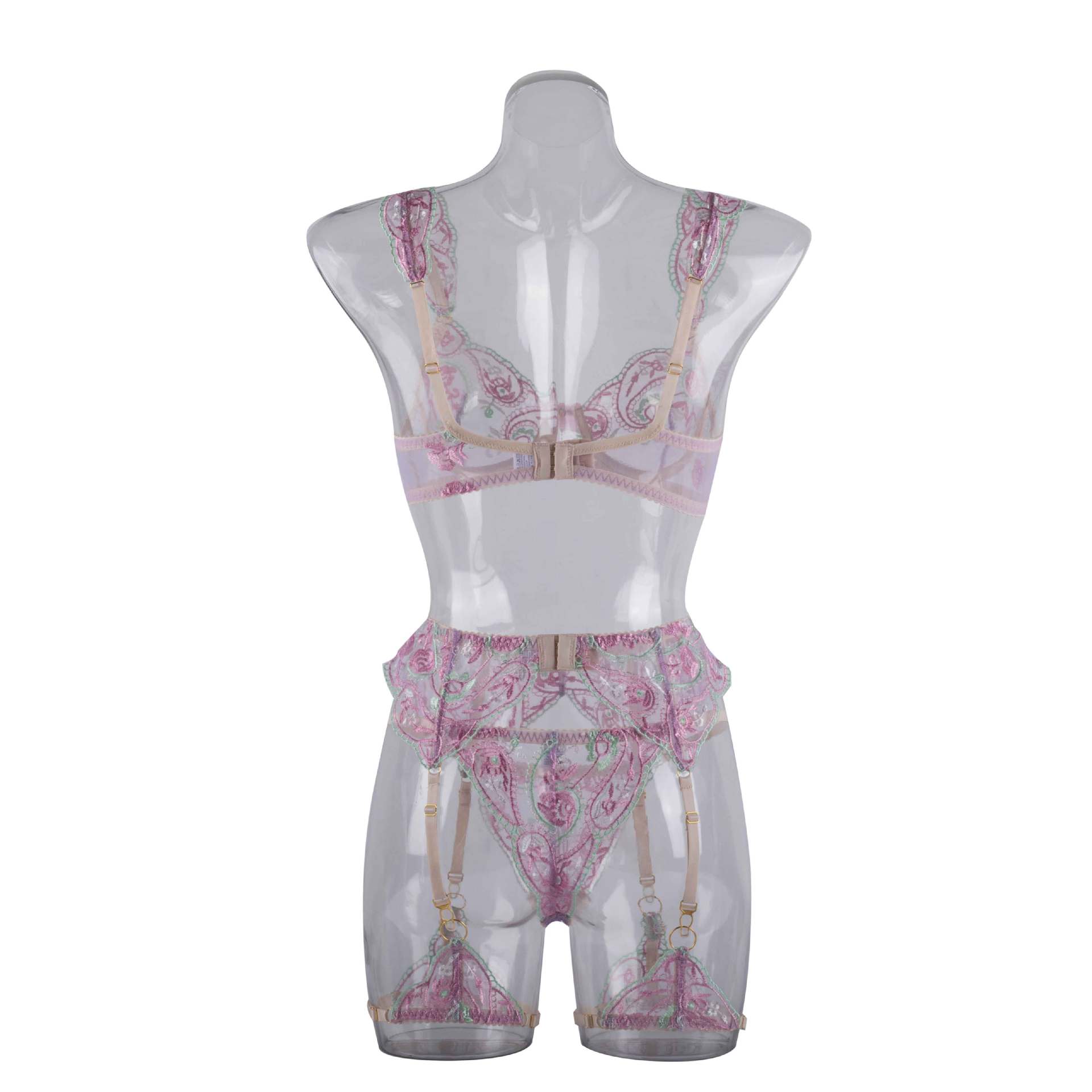 Sheer Mesh Sexy Lingerie Bra Set with Embroidered Flowers Back Show