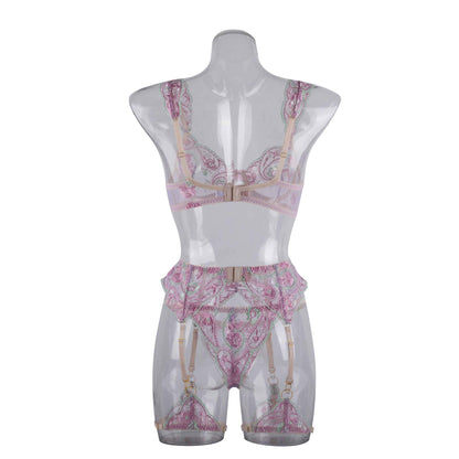 Sheer Mesh Sexy Lingerie Bra Set with Embroidered Flowers Back Show