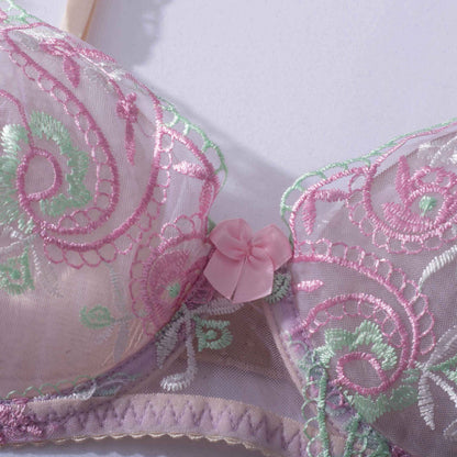 Sheer Mesh Sexy Lingerie Bra Set with Embroidered Flowers Bra Details