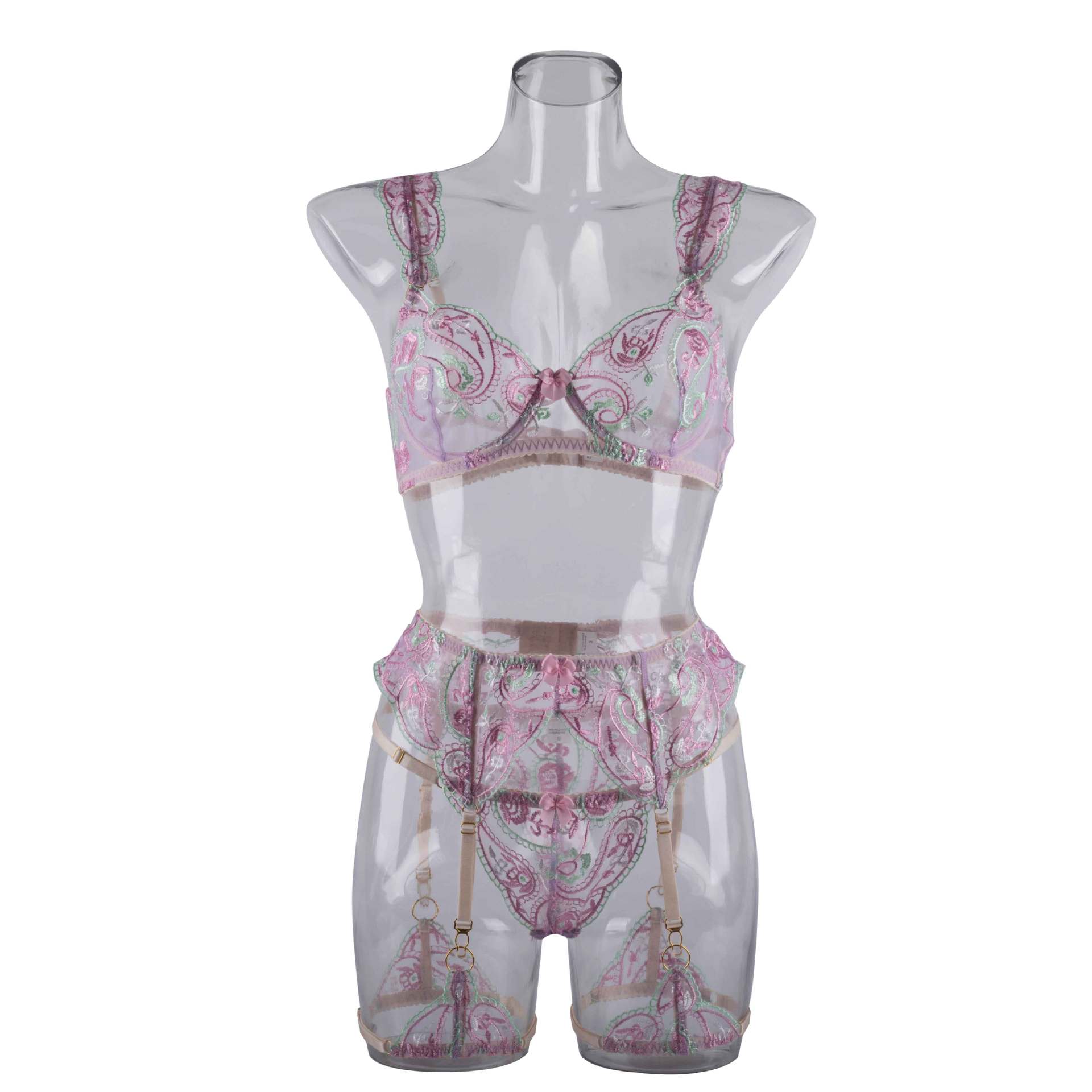Sheer Mesh Sexy Lingerie Bra Set with Embroidered Flowers front Show