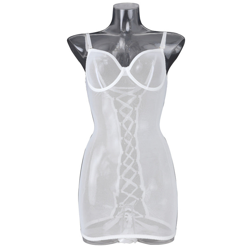 White See-Through Mesh Chemise with Open Back Front View