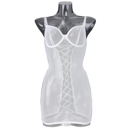 White See-Through Mesh Chemise with Open Back Front View
