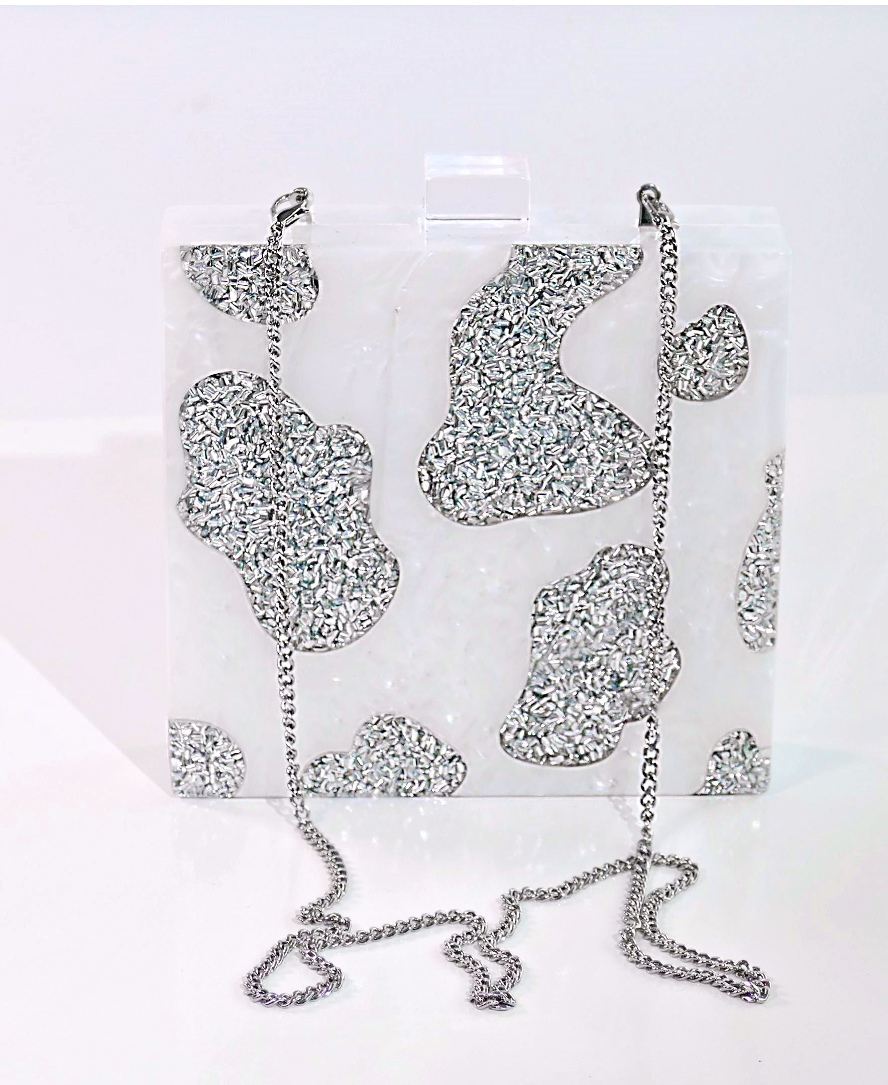 White Silver Glitter Cow Print Bag-3