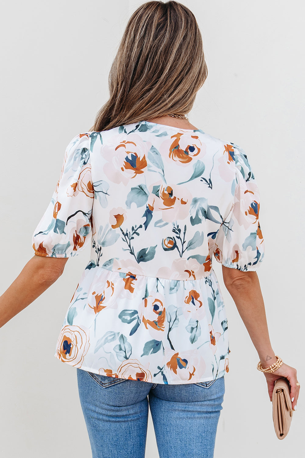 Salome Floral Puff Sleeve V Neck Babydoll Blouse-1
