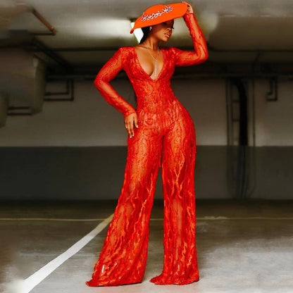 New European And American Sequins Halter Neck Red Jumpsuit Women