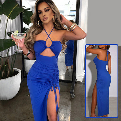 Sexy Halterneck Lace-up Split Dress Summer Y2K Fashion Party Baech Long Dresses For Womens Clothing