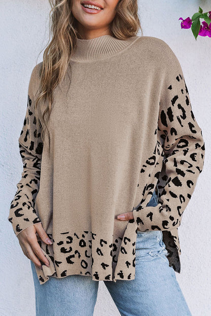 Sarai Leopard High Neck Side Slit Oversized Sweater-0