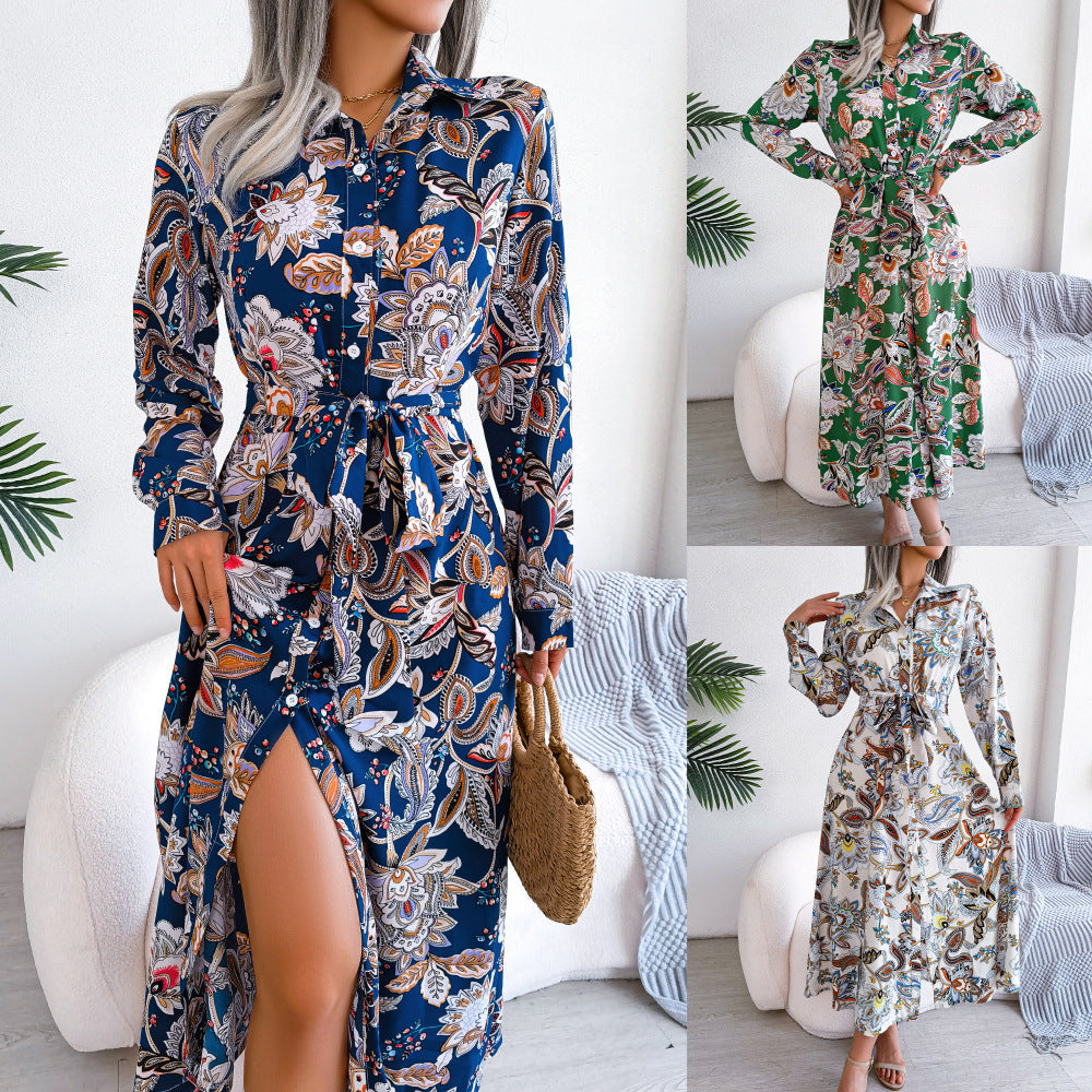 Women's Retro Floral Belted Shirt Dress – Stand Collar, Long Sleeve, Ankle-Length Skirt