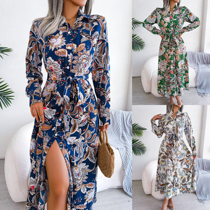 Women's Retro Floral Belted Shirt Dress – Stand Collar, Long Sleeve, Ankle-Length Skirt