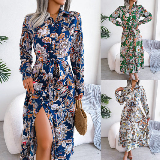 Women's Retro Floral Belted Shirt Dress – Stand Collar, Long Sleeve, Ankle-Length Skirt