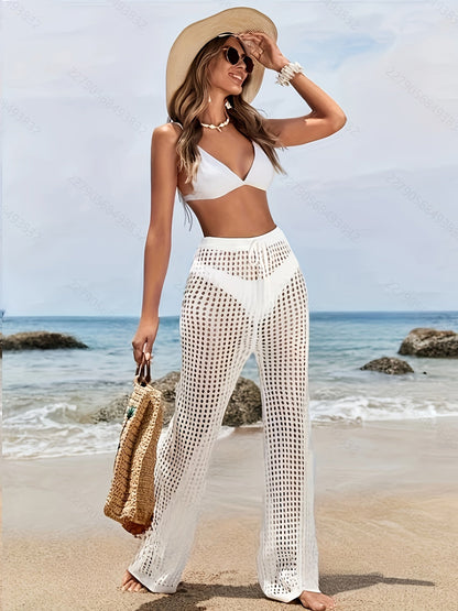 Women's Summer Beach Style Hollow-Out Wide Leg Pants Polyester Knit Trouser