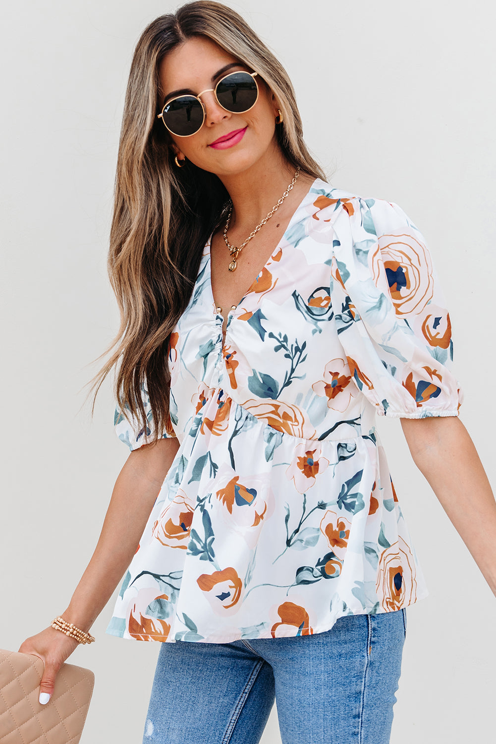 Salome Floral Puff Sleeve V Neck Babydoll Blouse-2