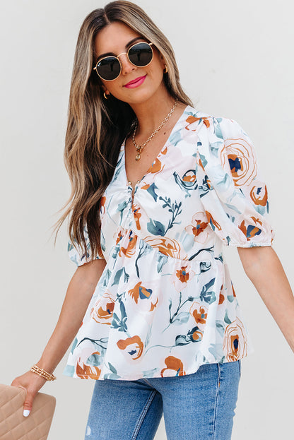 Salome Floral Puff Sleeve V Neck Babydoll Blouse-2