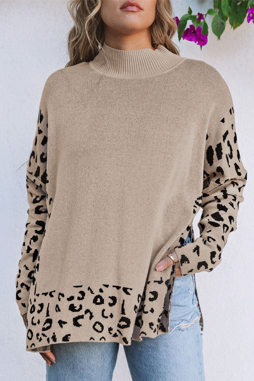Sarai Leopard High Neck Side Slit Oversized Sweater-4