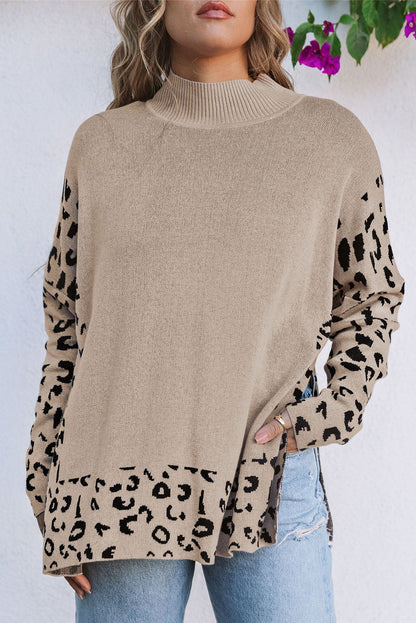 Sarai Leopard High Neck Side Slit Oversized Sweater-4