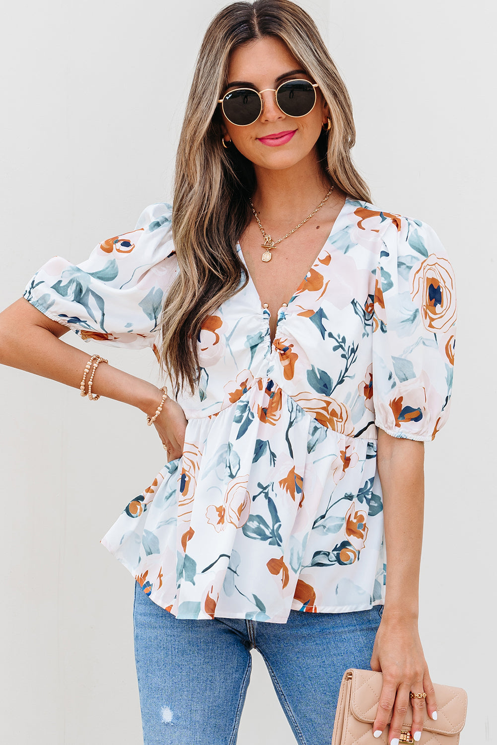 Salome Floral Puff Sleeve V Neck Babydoll Blouse-3