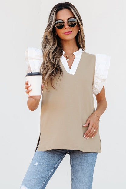 Serena Contrast V Neck Ruffled Textured Knit Top-3