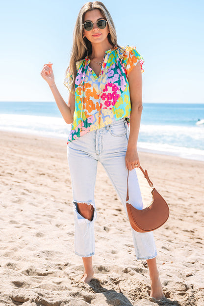 Rosa Flutter Sleeve V Neck Crinkled Blouse-4