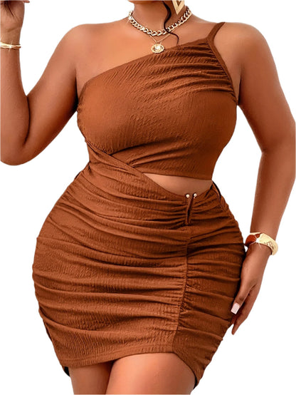 Women's Plus Size One-Shoulder Textured Finish, Golden Chain Detail, Ruched Waist, Bodycon Fit Dress