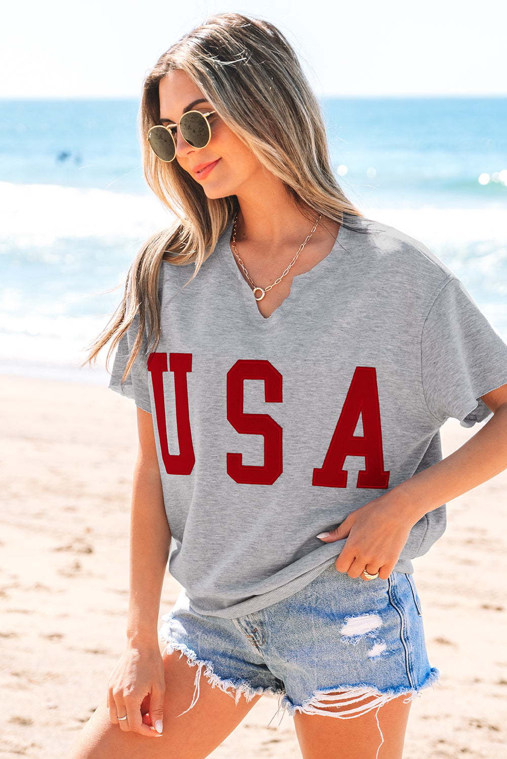 USA Patch Notched Neck Loose Tee-2