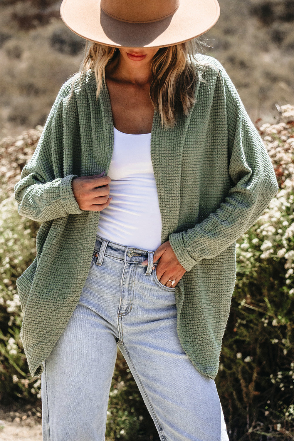 Waffle Knit Open Front Cardigan-3