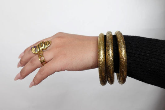 Vintage Boho Gold Snake Ring & Floral Bangle Set – Statement Jewelry for Bold Souls