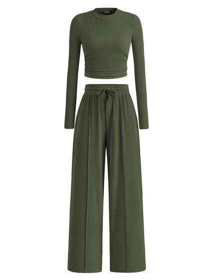 Round Neck Long Sleeve Top and Pants Set