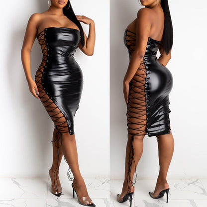 Sheath Dress Corns Lace-up Leather Skirt