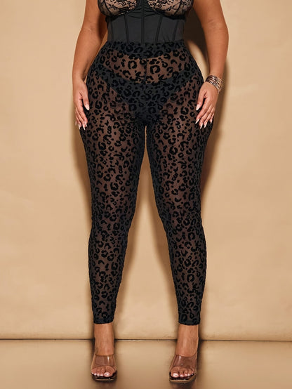 Plus Size Women's Black Leopard Print Sheer High-Waisted Leggings