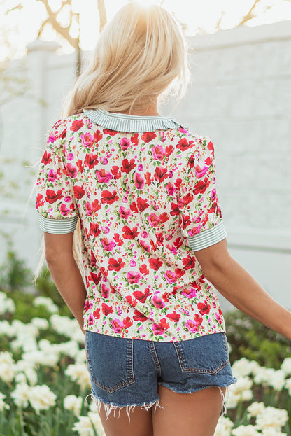 Romy Floral Striped Patchwork Collared Short Sleeve Blouse-1