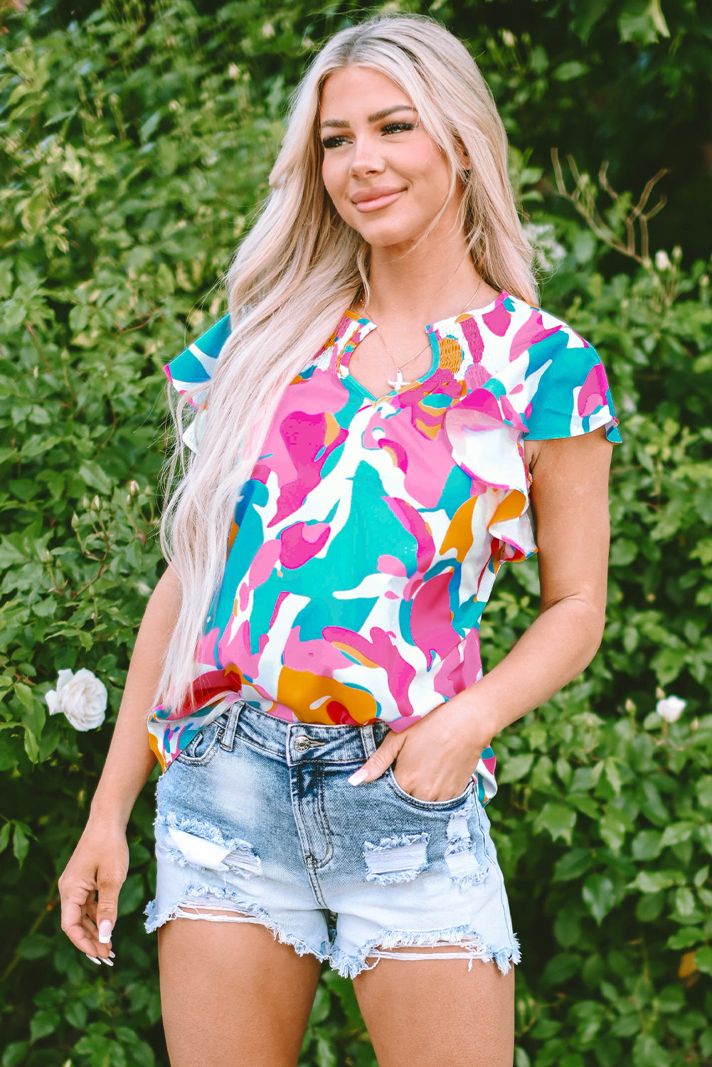 Noemi Notched Neck Flutter Sleeve Blouse-0
