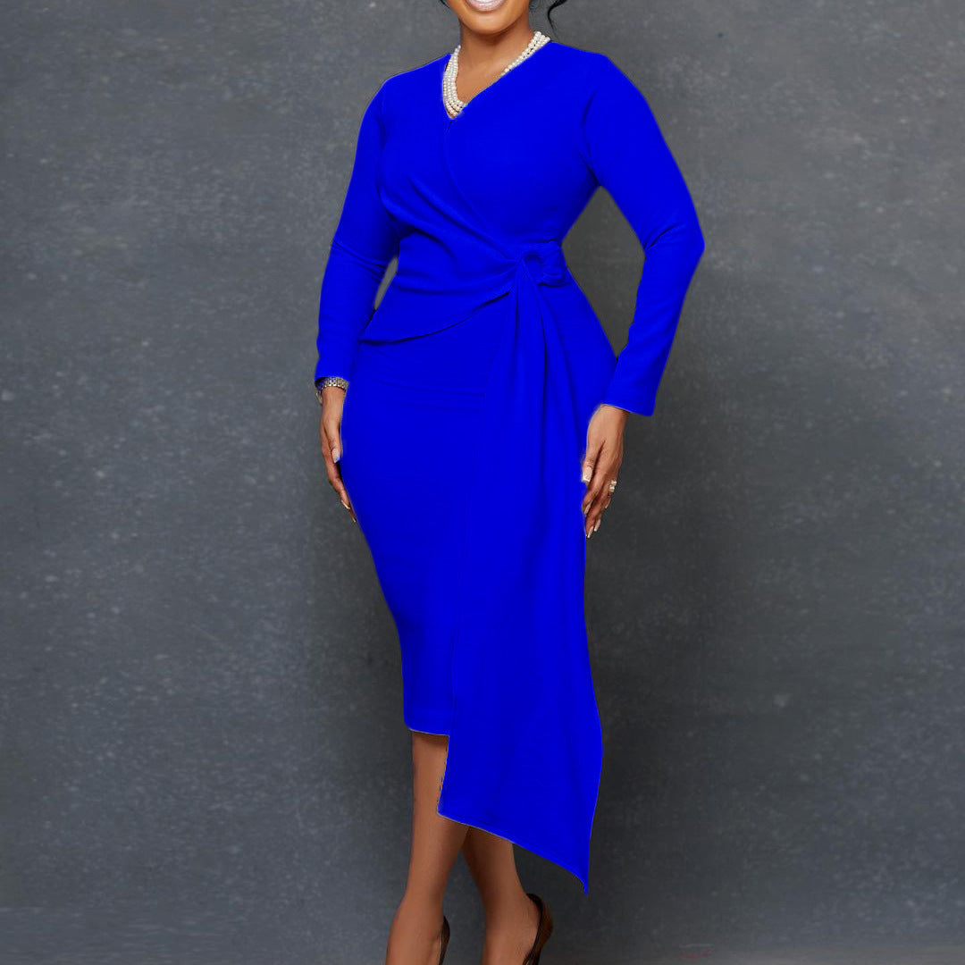 Women's Fashion Plus Size V-neck Long-sleeve Dress