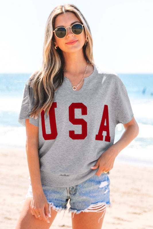 USA Patch Notched Neck Loose Tee-0