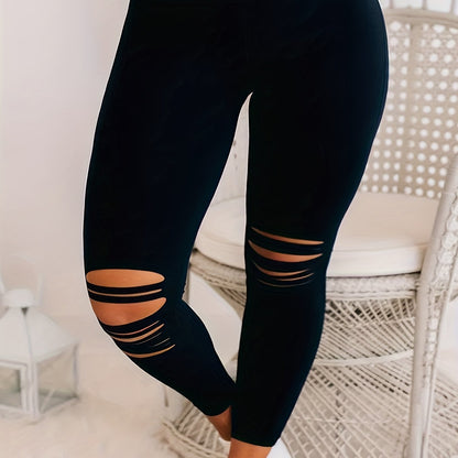 Plus Size Women's Black High-Waist Leggings with Chic Hollow-Out Detail - Stretchy & Comfortable Polyester/Elastane Blend, Easy Care Leggings
