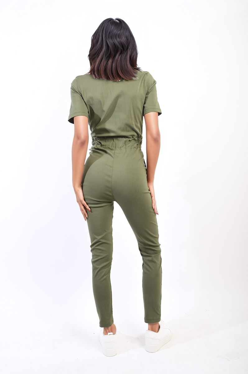 Collared V-Neckline Zip Up with Tie Belt Jumpsuit-2
