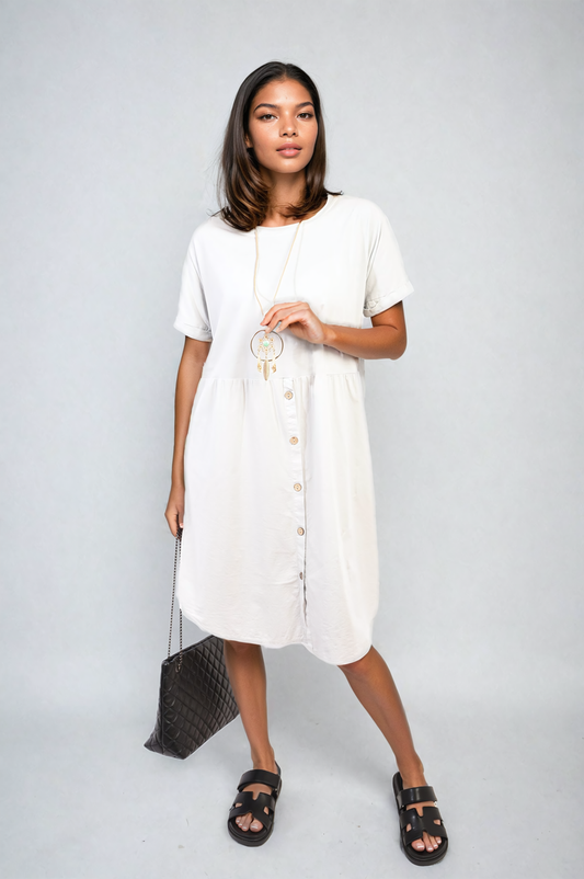 Short Sleeve Button Front Midi Dress-10