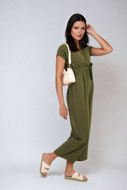 Belted V Neck Jumpsuit with Side Pockets-14