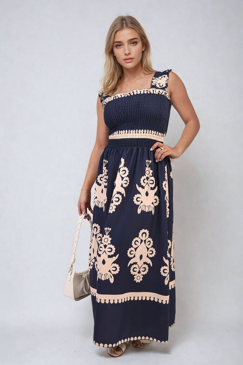 Smocked Sleeveless Flowy Tribal Print Summer Maxi Dress-10