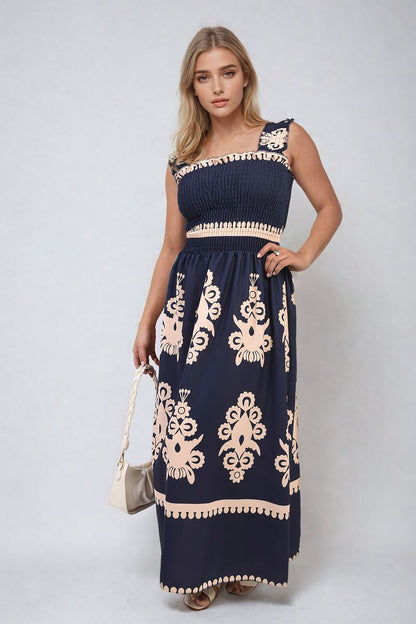 Smocked Sleeveless Flowy Tribal Print Summer Maxi Dress-10
