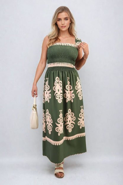 Smocked Sleeveless Flowy Tribal Print Summer Maxi Dress-9