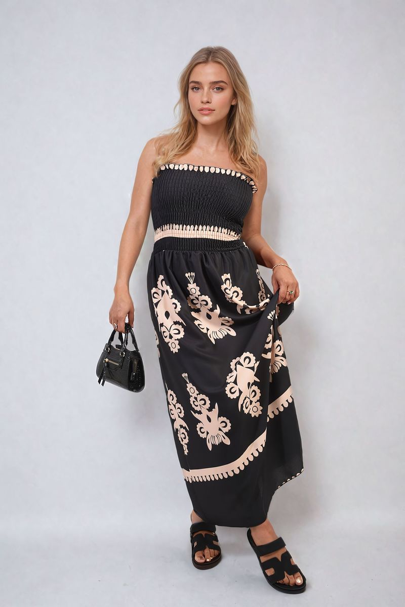 Smocked Sleeveless Flowy Tribal Print Summer Maxi Dress-7