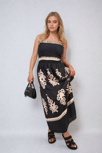 Smocked Sleeveless Flowy Tribal Print Summer Maxi Dress-7
